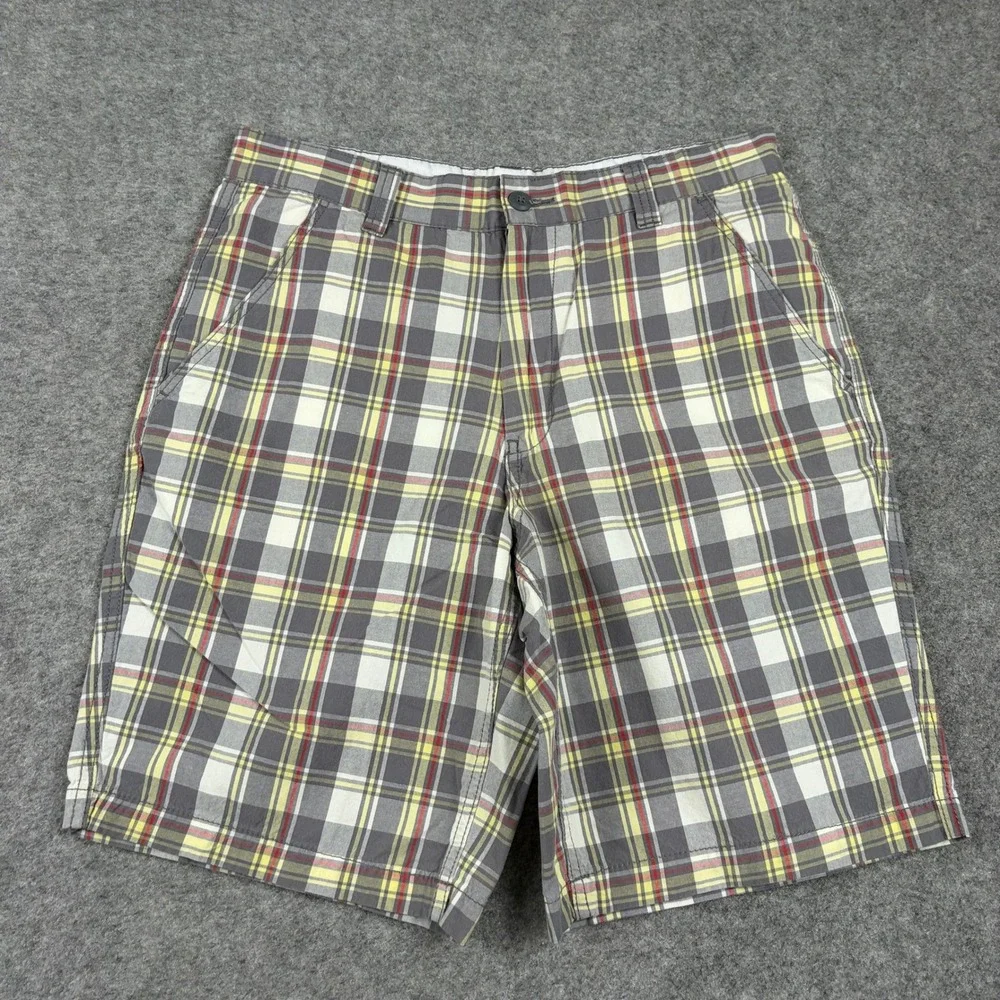 Y2K Faded Glory Plaid Shorts Mens 32 Gray Yellow Tartan Casual Summer Flat Front